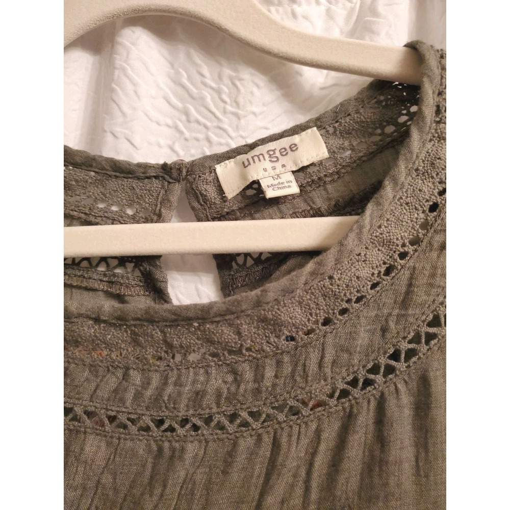 UMGEE Boho Floral Women Sz M Embroidered Waterfall Bell Sleeve Tunic Dress Olive - Picture 2 of 7